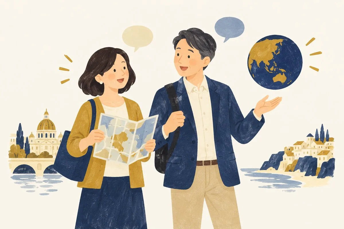 地図と地球儀を手に旅先の英語を学ぶ大人のイラスト