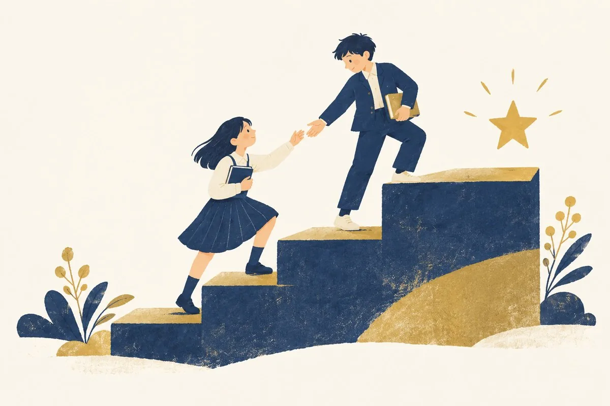 階段を手を取り合って上る中学生のイラスト