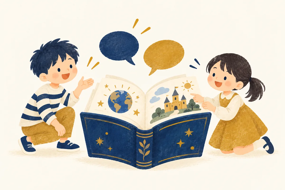 本をのぞき込みながら英語で話し合う子どもたちのイラスト