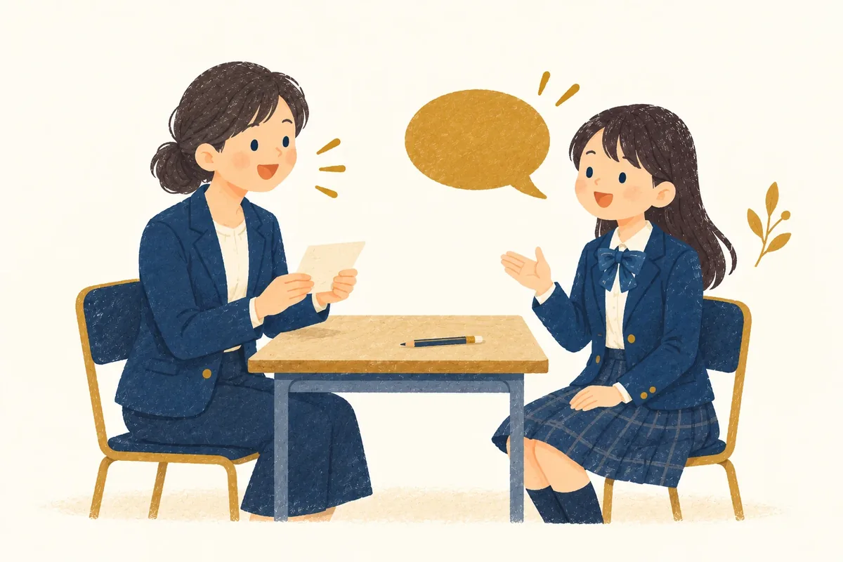 先生と向かい合い、カードを使って英検の面接練習をする生徒のイラスト