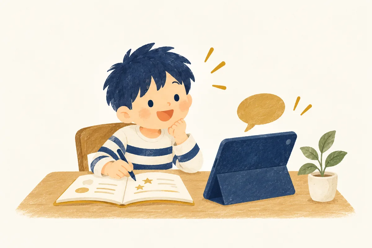 机の上の本とタブレットで家庭学習をする子どものイラスト