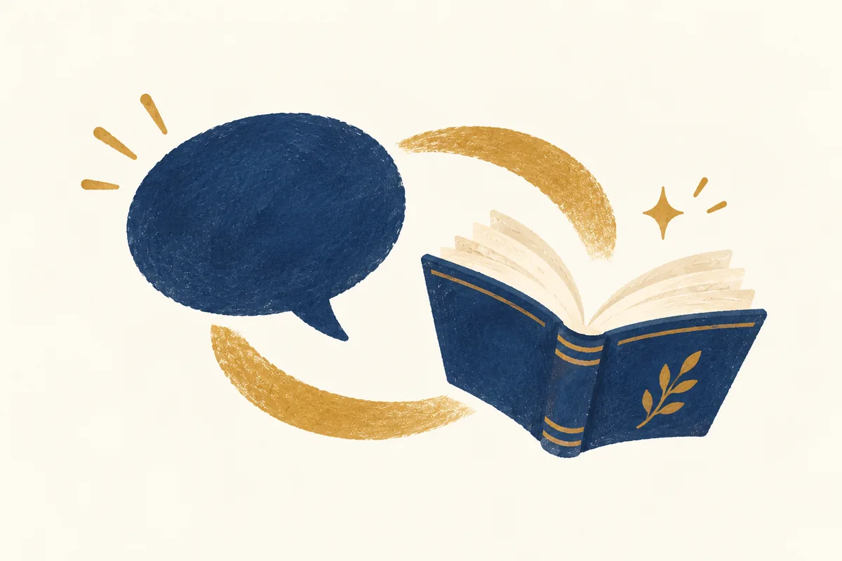 吹き出しと開いた本が循環する、英会話と文法のつながりを表したイラスト