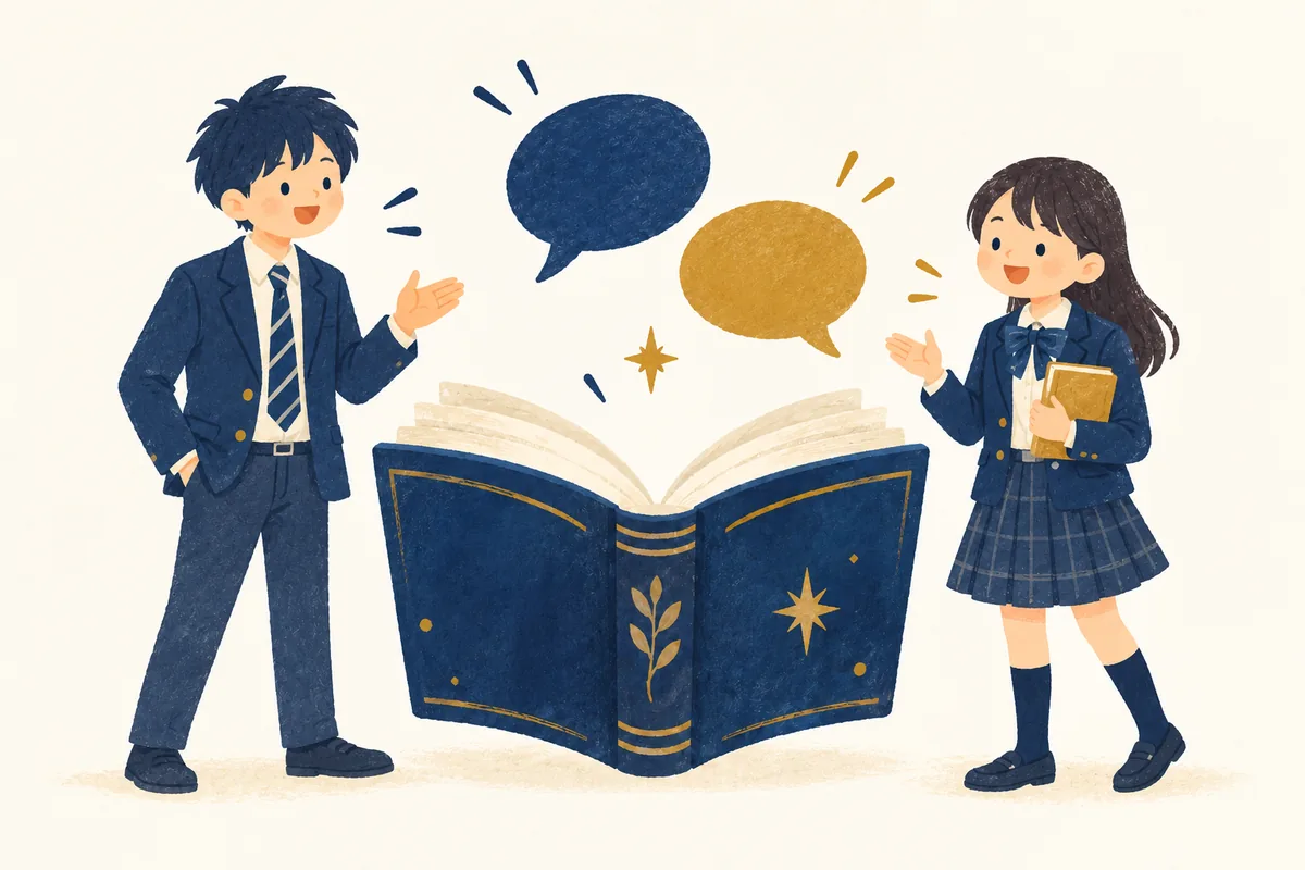 大きな本を囲んで英語で話し合う高校生のイラスト