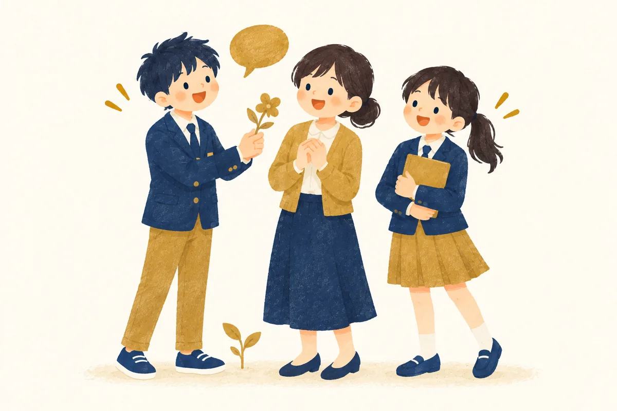 制服姿の3人の生徒が笑顔で並び、ひとりが花を差し出しているイラスト