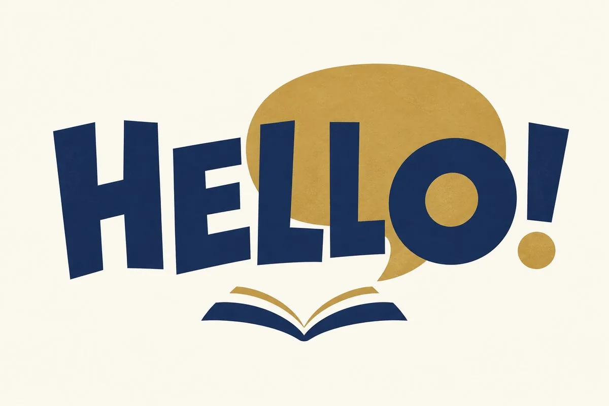 開いた本から「HELLO!」の文字が飛び出すイラスト