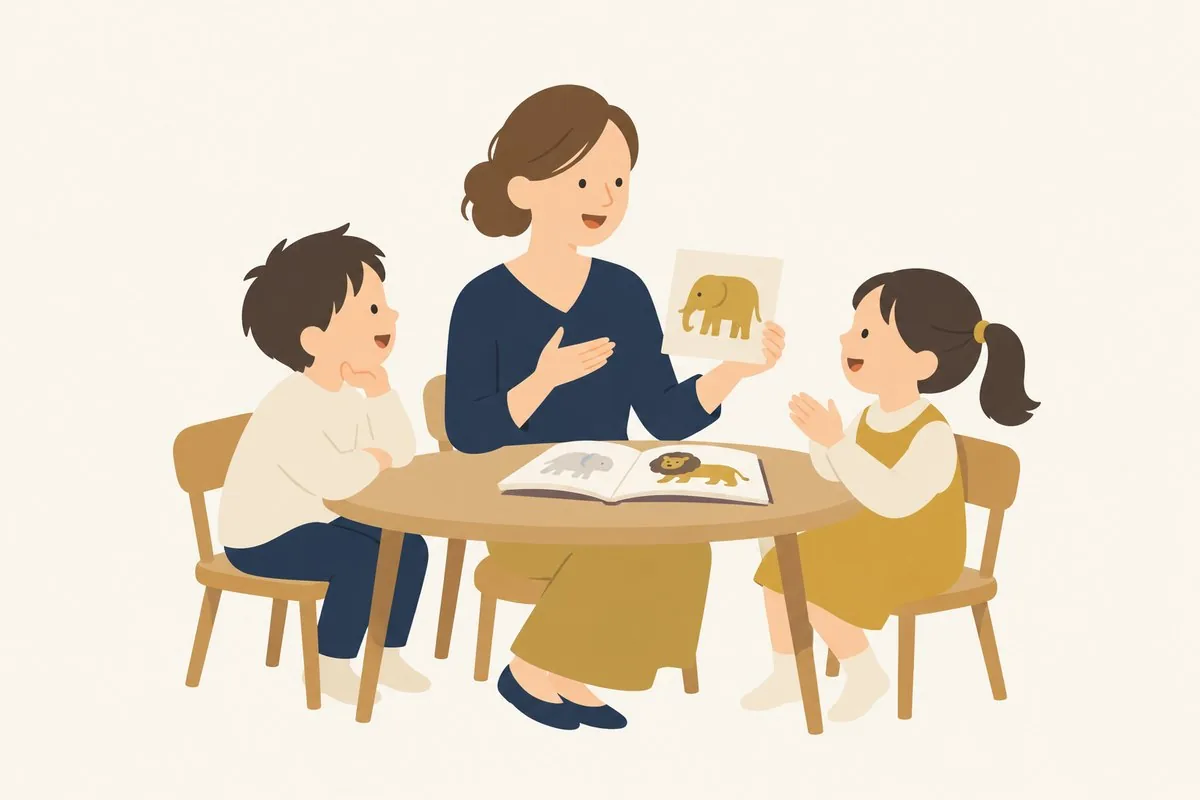 親子で絵本を見ながら家庭で英語にふれるイラスト