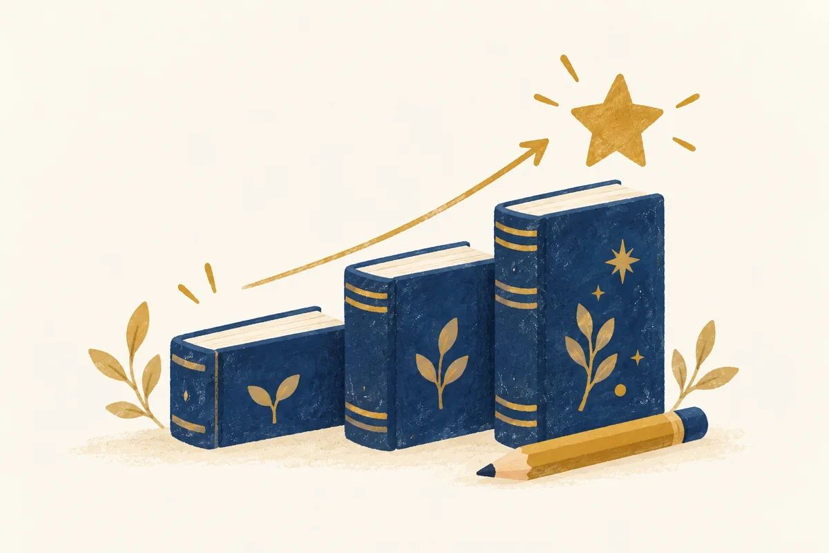 本が段々に積み上がり、星に向かって伸びるイラスト