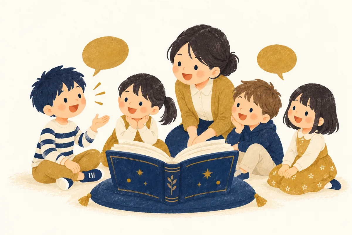 先生を囲んで絵本を読む少人数クラスのイラスト
