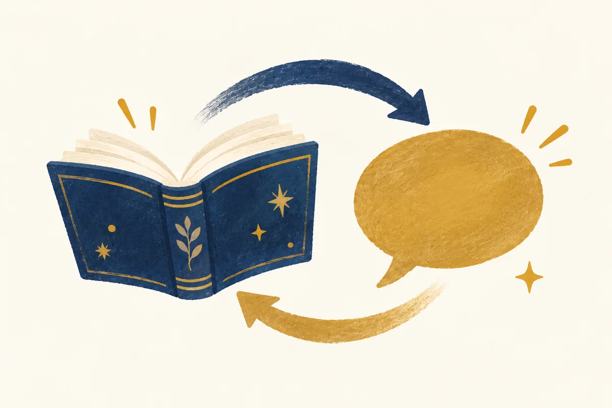 本と吹き出しが行き来する、話す力と文法がつながるイラスト