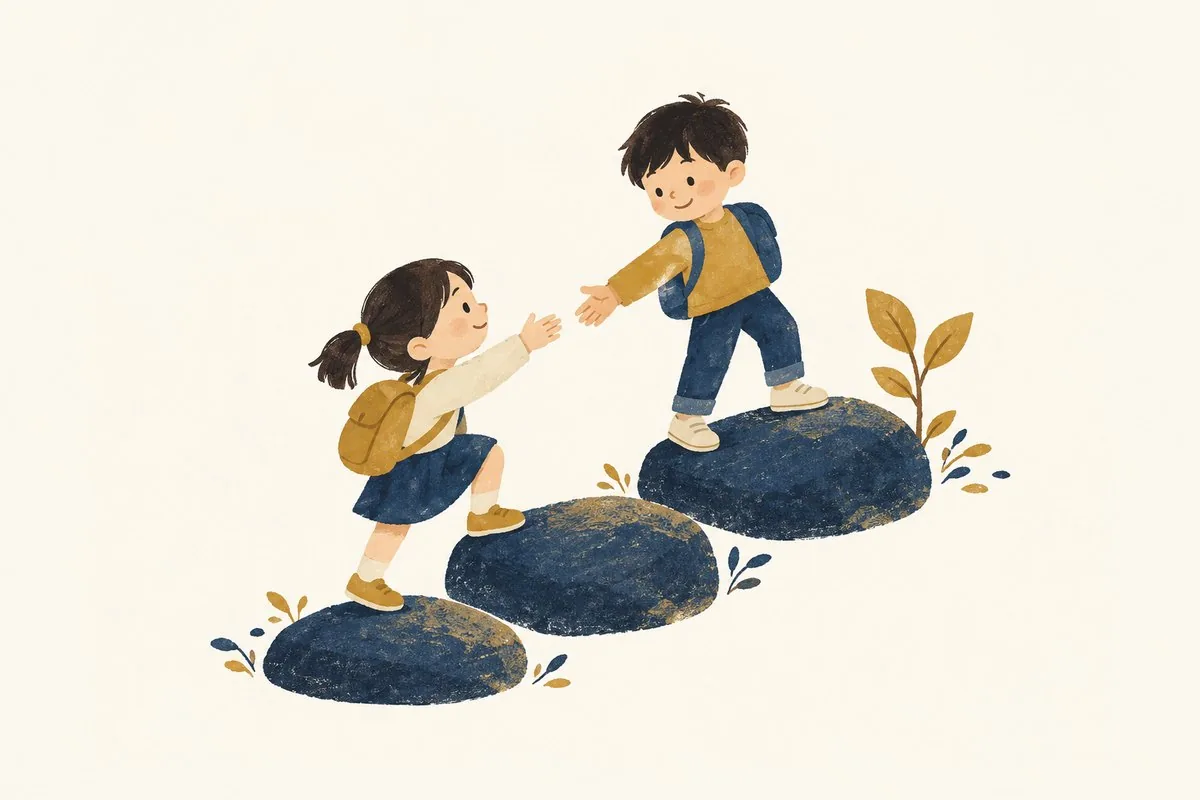 飛び石の上で手を取り合って進む子どもたちのイラスト