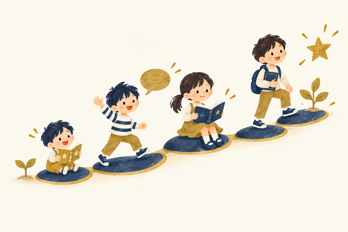 飛び石をひとつずつ進むように、学年が上がるごとに英語の力を積み上げていく子どもたちのイラスト