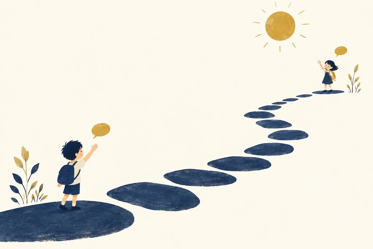 飛び石の道を一歩ずつ進んでいくイラスト