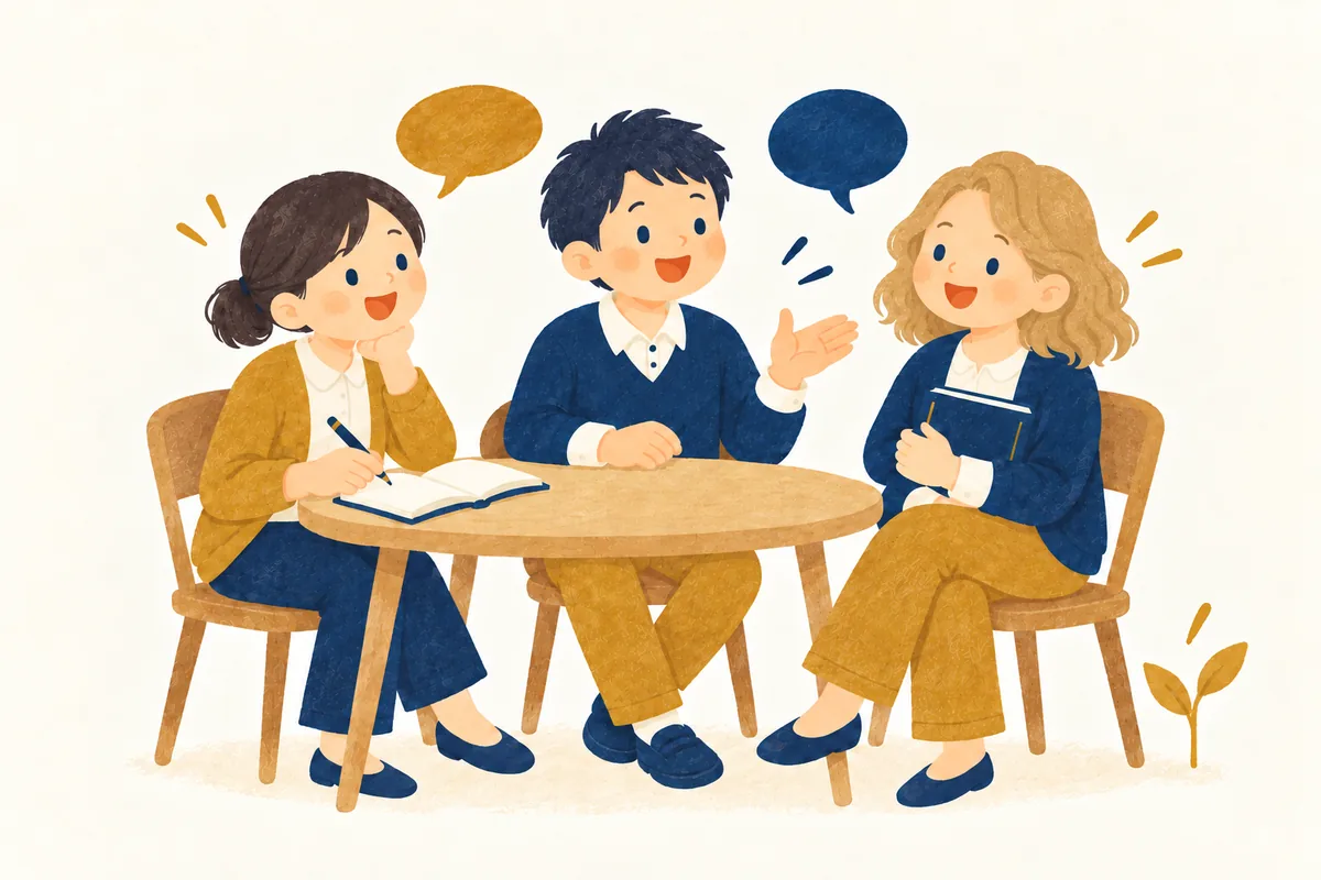 3人の先生が丸いテーブルを囲み、ノートを開いて話し合っているイラスト